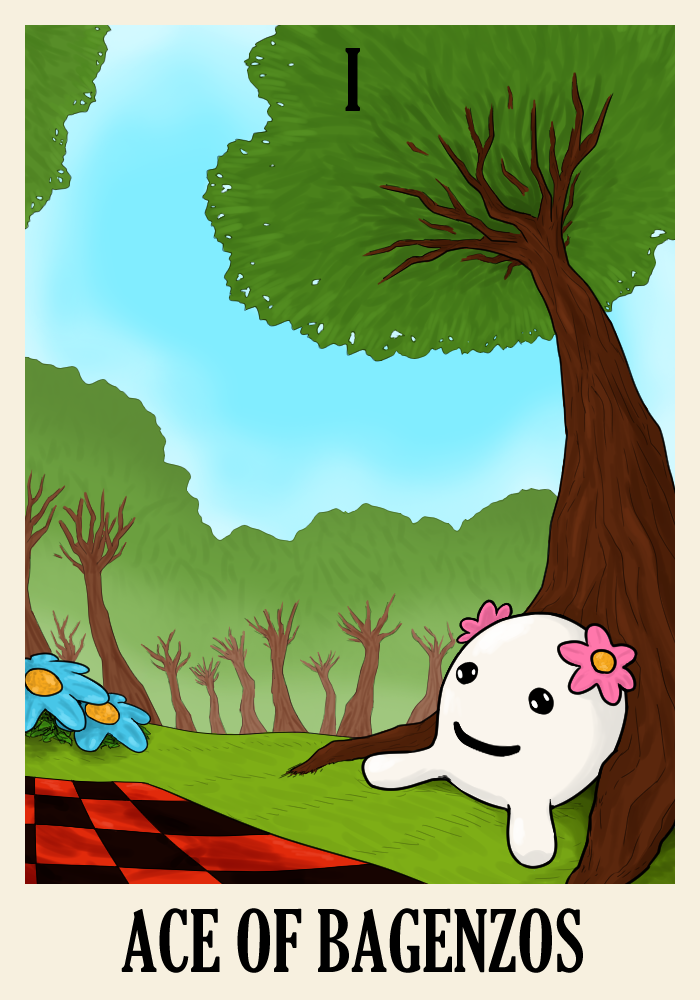 a tarot card reading ACE OF BAGENZOS. a white blob katey with red ribbons is sitting on a picnic blanket in a field.