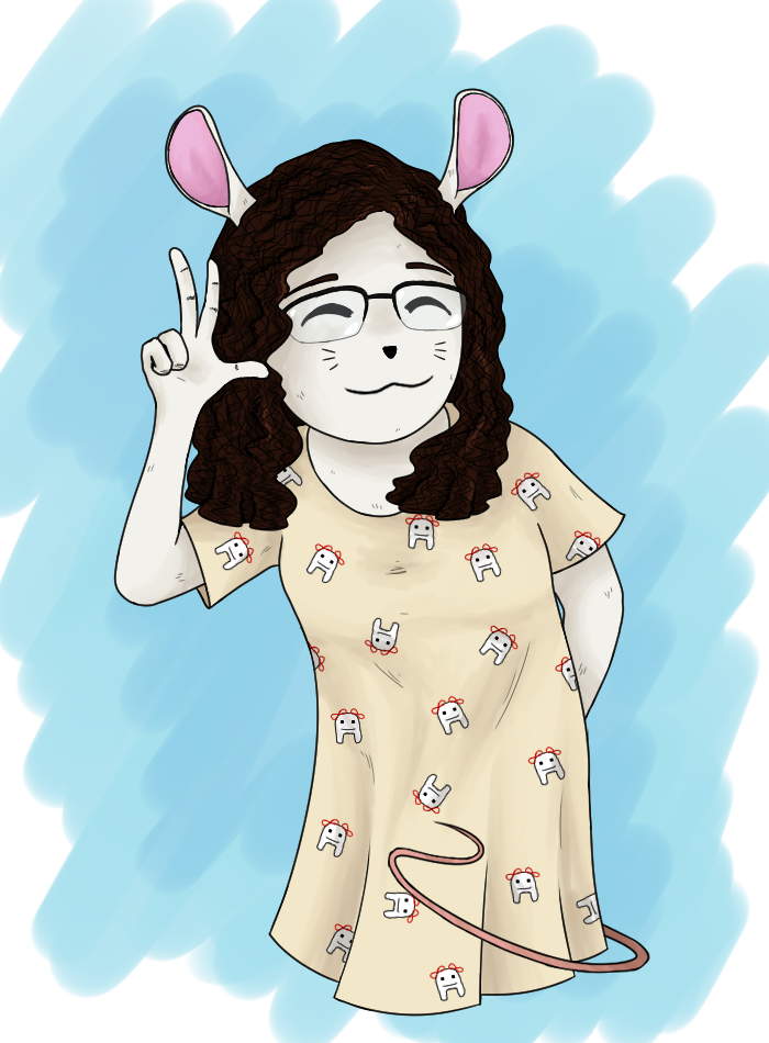 a drawing of kate as a mouse. she has curly hair, mouse ears, and is wearing a shirt with round white katies on it.